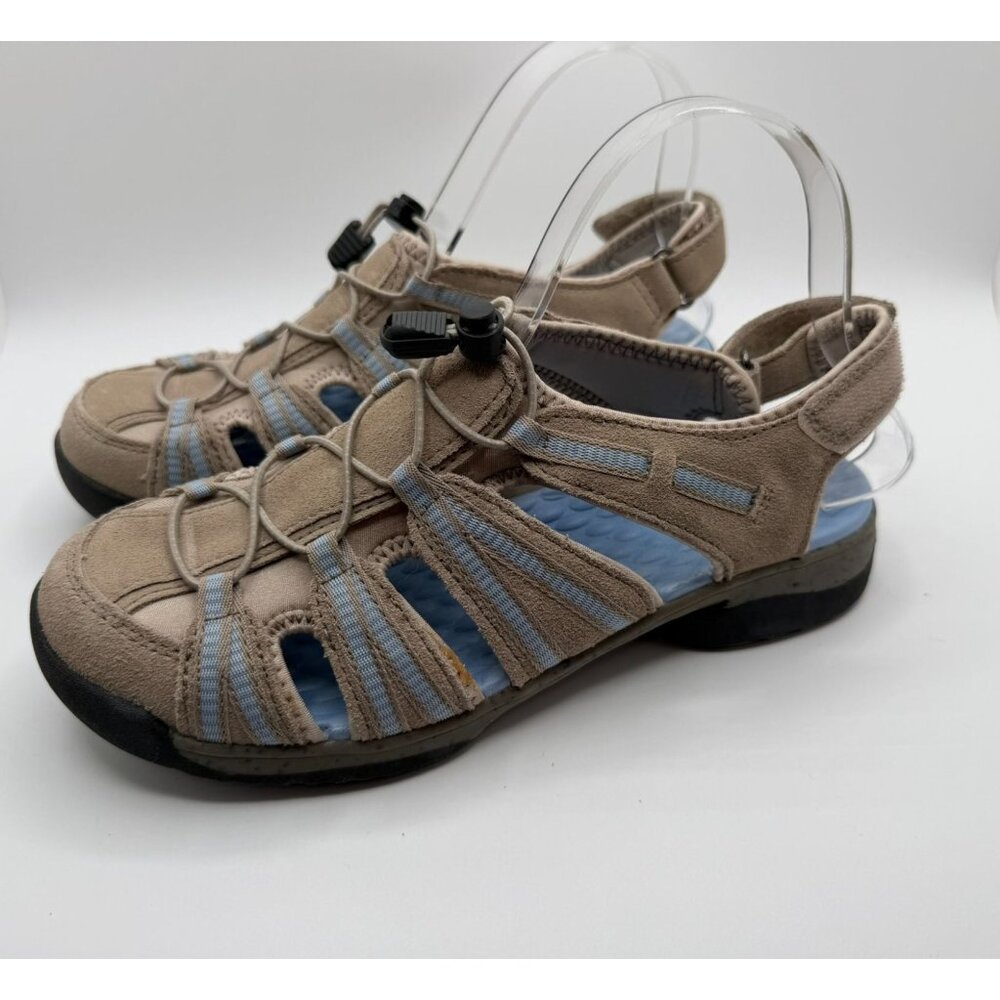 Clarks Tuvia Maddee Fisherman Sandals Women's Size 7M Blue Beige Leather Shoes